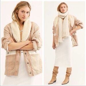 Free People We Woodlands Plaid Sherpa Jacket Size Large Coat Tan Cream